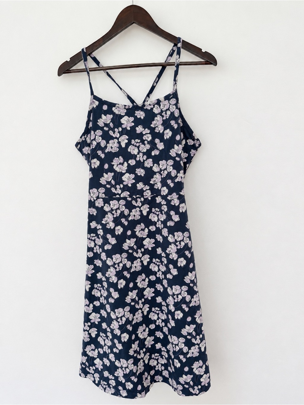 Pact Dress Womens XL Navy Lavender Floral Racerback Fit and Flare Shelf Bra